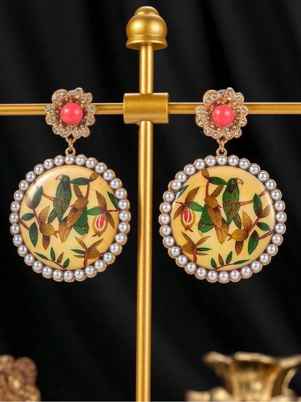 Vintage Green Bird and Pearl Halo Drop Earrings with Coral Accents